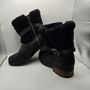 UGG Blayre II Black Leather Shearling Sherpa Flat Ankle Boots Buckle Size 7